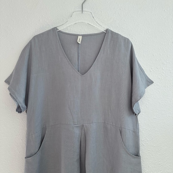Grae Cove A Line Short Sleeve Linen Dress Women XL Blue Gray V Neck Pockets - Picture 3 of 9